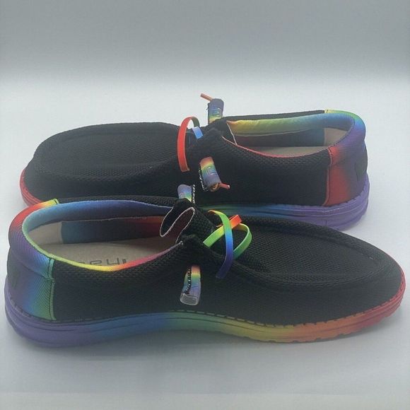 New Hey Dude Pride Rainbow Colorful Black Wally Stretch Deck Shoes Mens Size 11 - Picture 7 of 9
